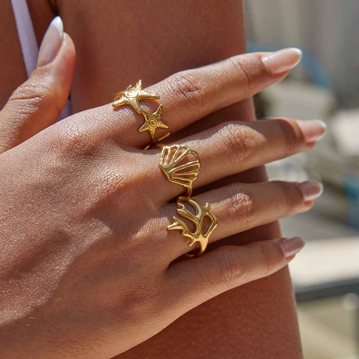 Simple and Exquisite Starfish Shell Open Ring Gold-plated Hollow Ring Accessories Suitable for Women's Daily Vacation Wear