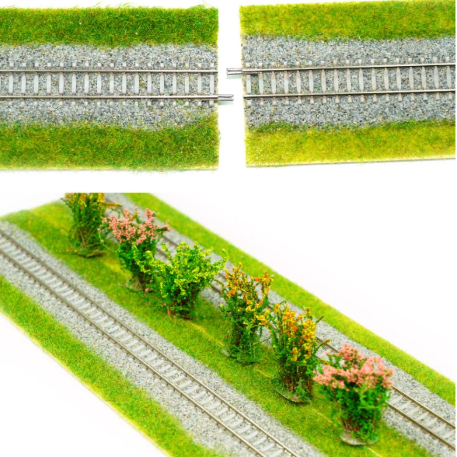 Model Railway Track Strip Connectable N-Scale Track with Grass Pre-Ballasted Low-Silhouette for Modelers, Dioramas