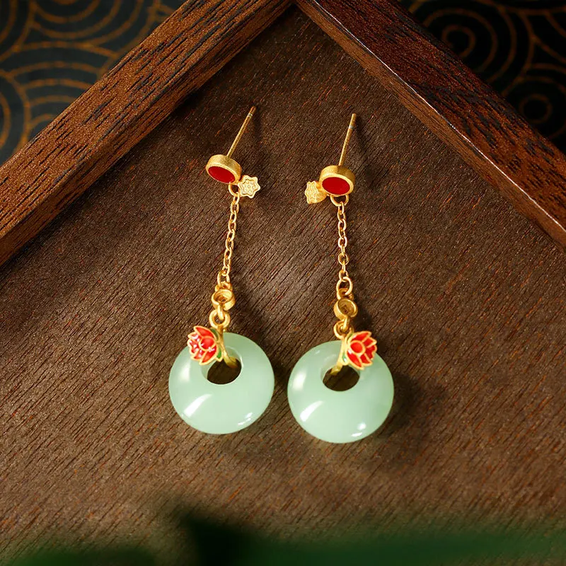 

New Chinese High end Enamel Colorful Drop Glaze Good Luck Lotus Peace Buckle Imitation Jade Ancient Style Earrings