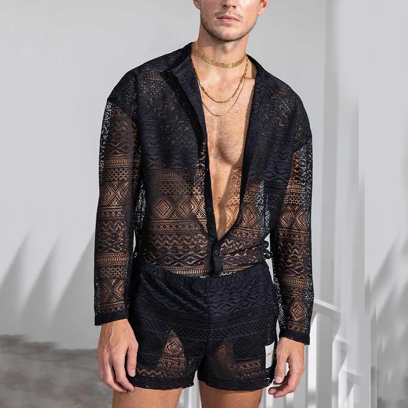 2024 Cross-border AliExpress European and American men's long-sleeved lace cut-out shirt casual shorts men's suit