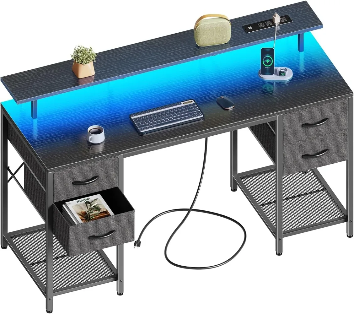 55 Inch Computer Desk with 4 Drawers,LED Lights & Power Outlets, with Large Storage Space for Bedroom, Work From Home, Black