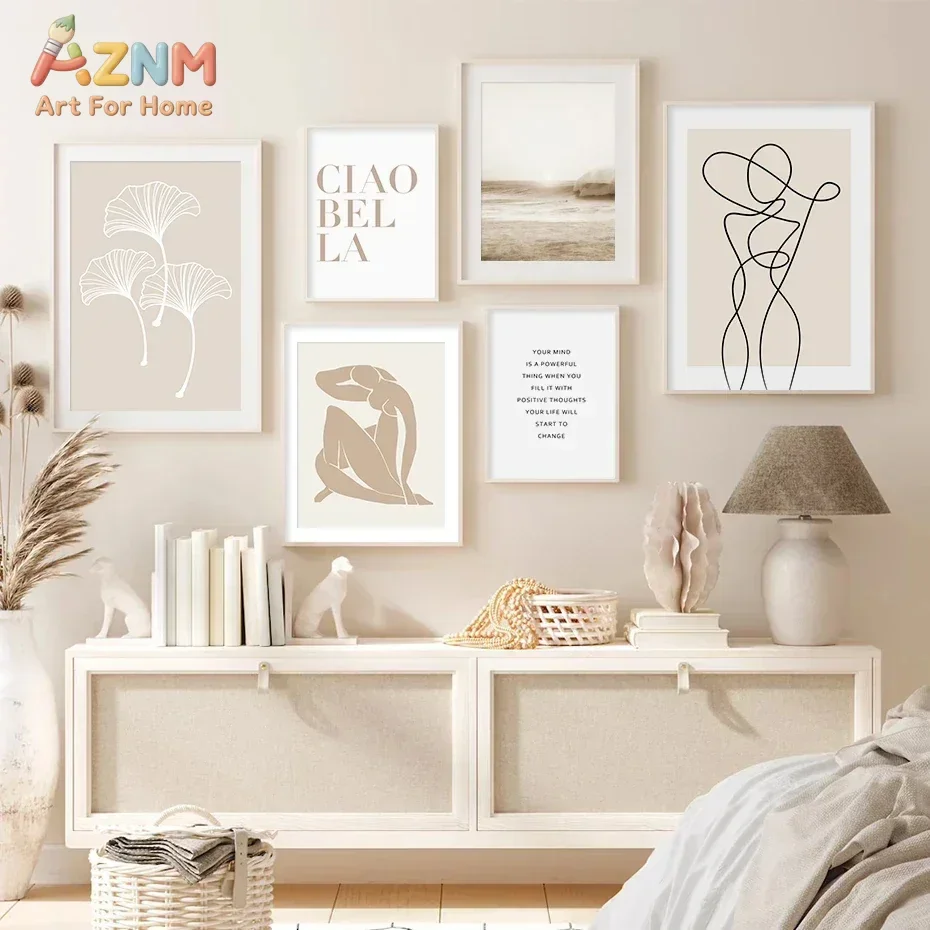 AZNM Neutral Boho Abstract Line Art Canvas Print, Frameless Minimalist Woman Figure Ginkgo Wall Poster, Beige Inspirational Quot