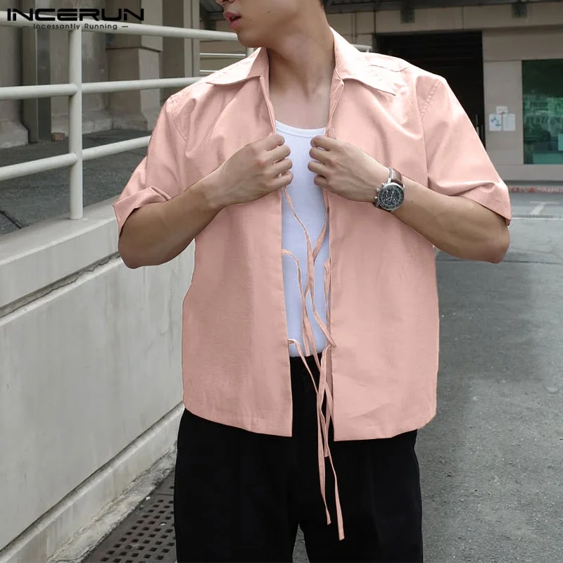 

INCERUN Men Shirt Solid Color Lapel Short Sleeve Lace Up Casual Men Clothing Streetwear 2025 Summer Fashion Male Shirts S-5XL
