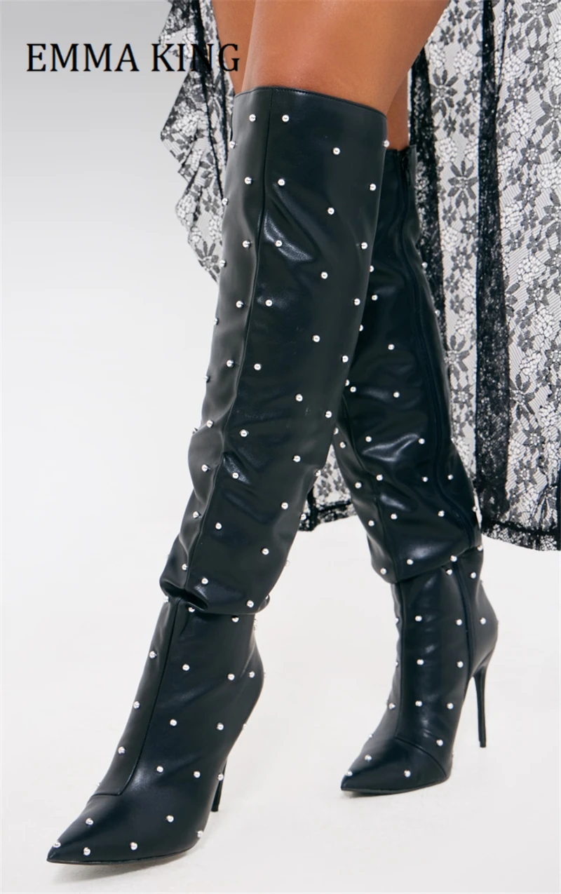 Black PU Leather Knee High Boot Sexy Point Toe Silver Stud Stiletto Heeled Boots Women Sexy Shoes Winter Party Side Zipper Shoes