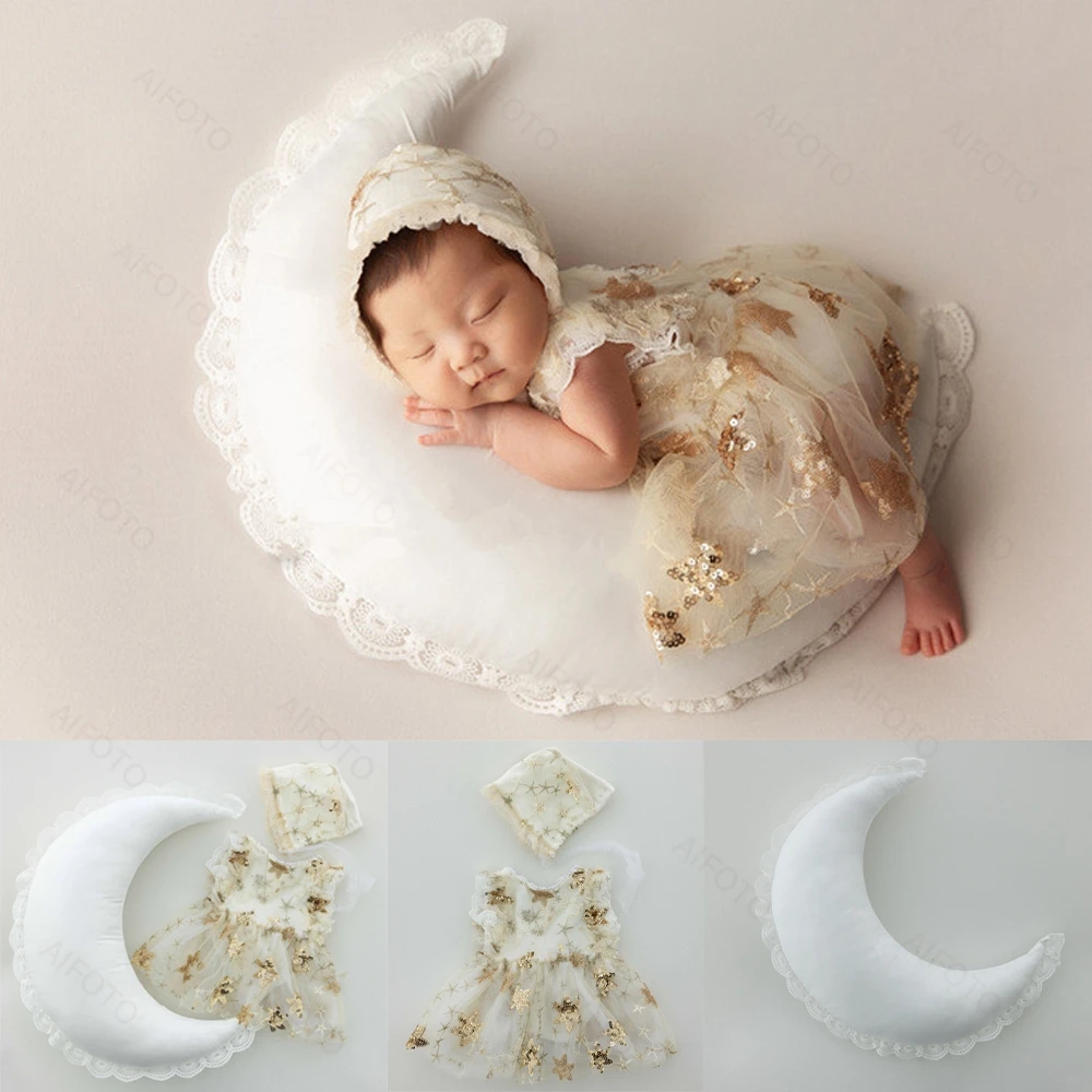 

Baby Girl Princess Dress Newborn Photography Lace Clothing+Hat Moon Posing Pillow Poser Prop Bebe Photo Shoot Costume Accessorie