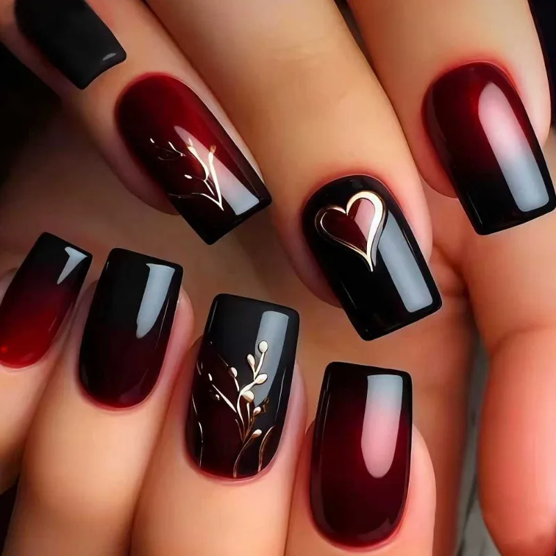 

24PCS Elegant Cool False Nails Burgundy Gradient Black Smudged Golden Leaves Love Stripes Shiny White Wearable Press on Nails