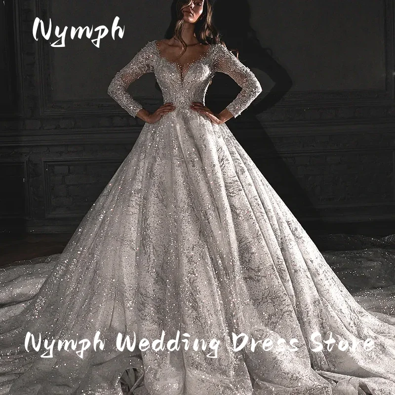 New Arrivals Gorgeous Beads Pearls Sequins Shiny Ball Gown Wedding Dress With Long Chapel Train Long Sleeve Vestido De Noiva