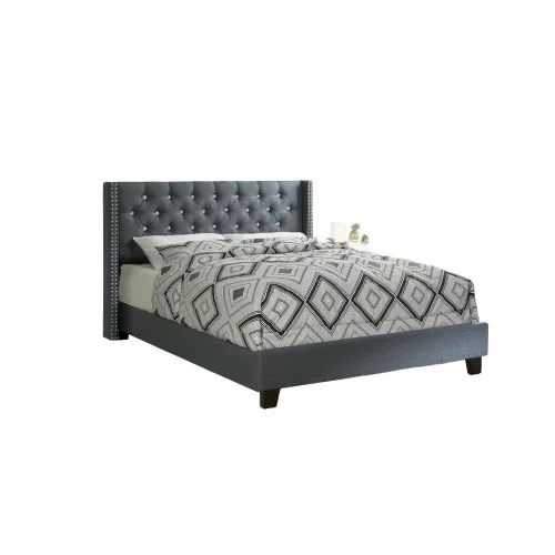 

#Modern Queen Size Soft Bed Diamond Tufted Headboard Eco-Friendly Durable Design Pine Wood Frame Plastic Legs Blue