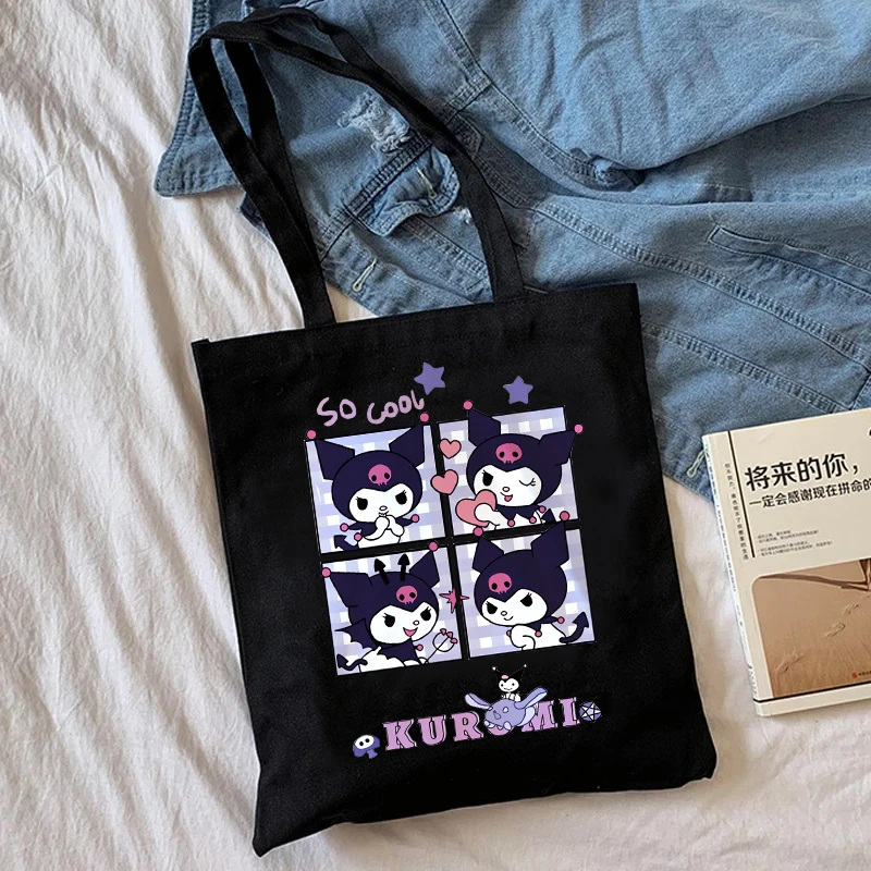 Kawaii Harajuku Kuromi Tote Bag Shopper borsa a tracolla in tela Eco Sanrio Casual Shopping Bag donna Tote femminile