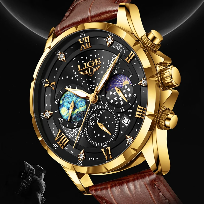 

LIGE mens wristwatch Luxury Waterproof Male Clock Moon Phase quartz watches for men Date Casual Chronograph Man watch reloj+BOX