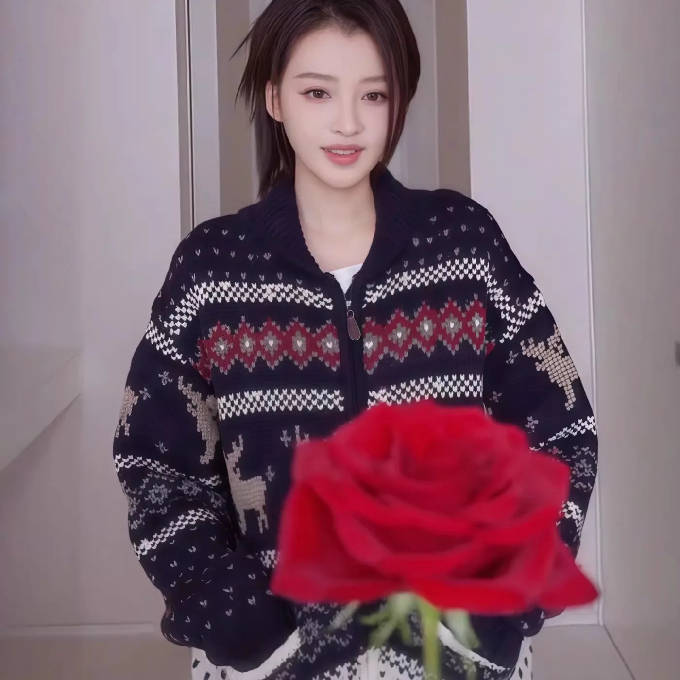 

Autumnal Deer Motif Knitted Sweater Cardigan Warm Fce Island Pattern Long Sve Women's Faion Korean Sle Coat