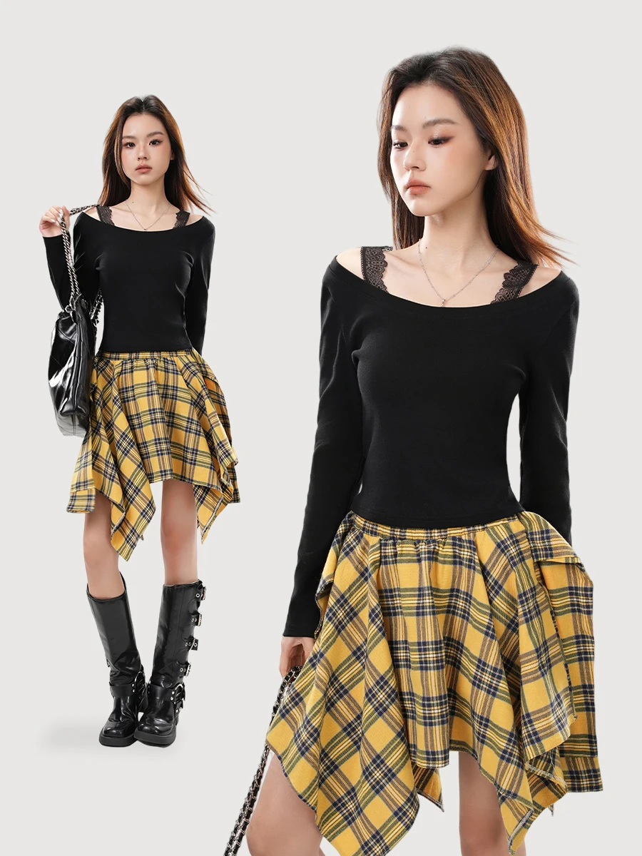 

La Chapelle Lace Splice Long Sve One oulder T-irt Women's Slim Fit Sweet And Spicy Girl Spring Top Korean Sle Commute