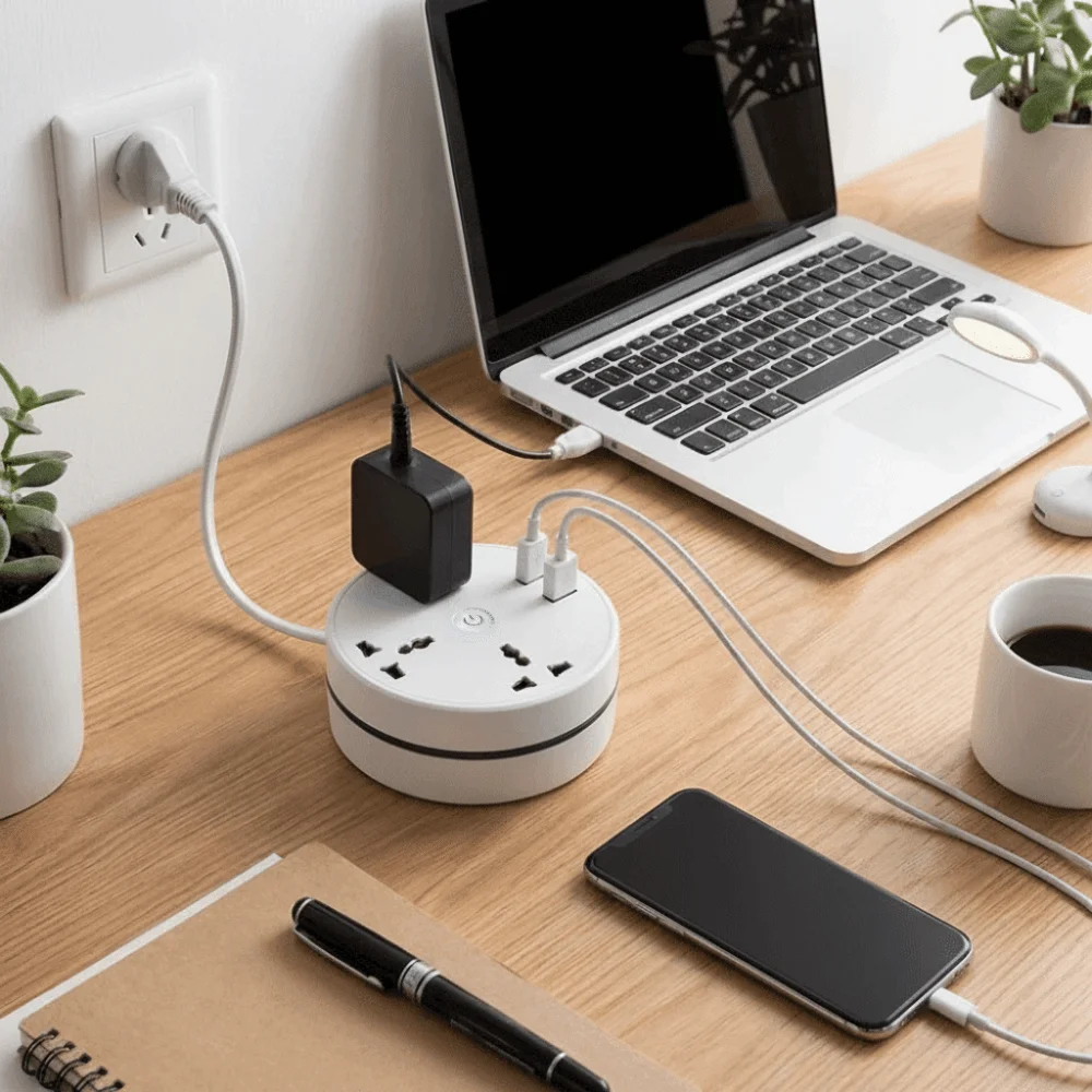 Round Design Universal Power Strip 3 USB Ports UK Plug Standard Portable Extension Socket Included Data Cables Multi-Port