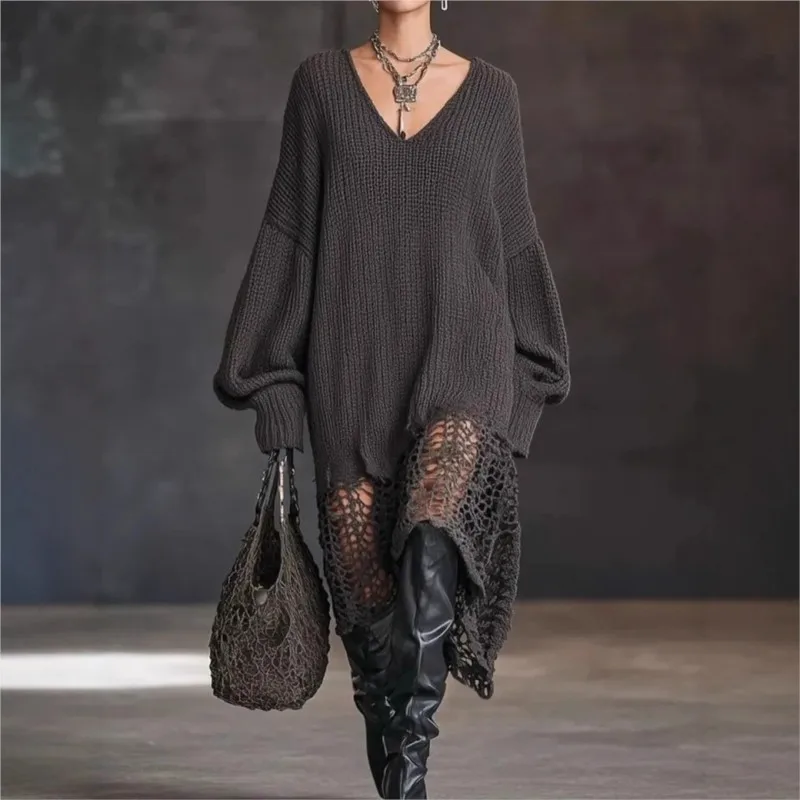 Women Oversized V Neck Knit Midi Dress Lantern Sleeve Hollow Crochet Patchwork Irregular Hem Distressed Loose Sweater Dress