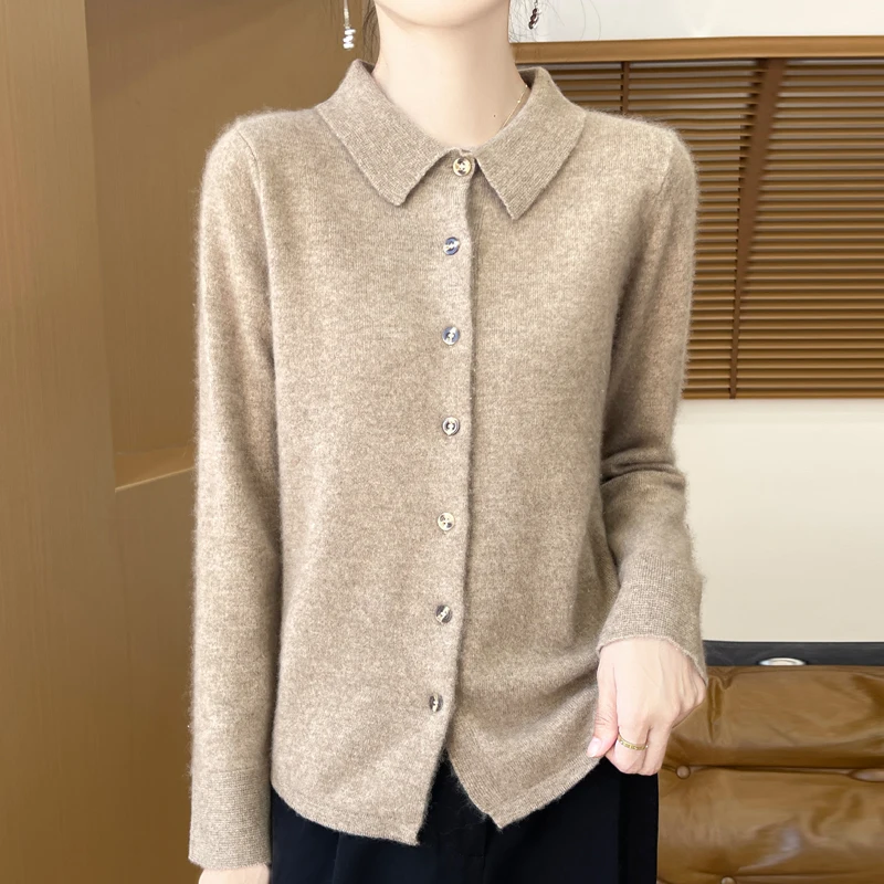 

Women's AutumnWinter Long Sleeved Solid Color Lapel Cardigan 100%Merino Wool Warm Business Casual Polo Collar Cardigan Sweater