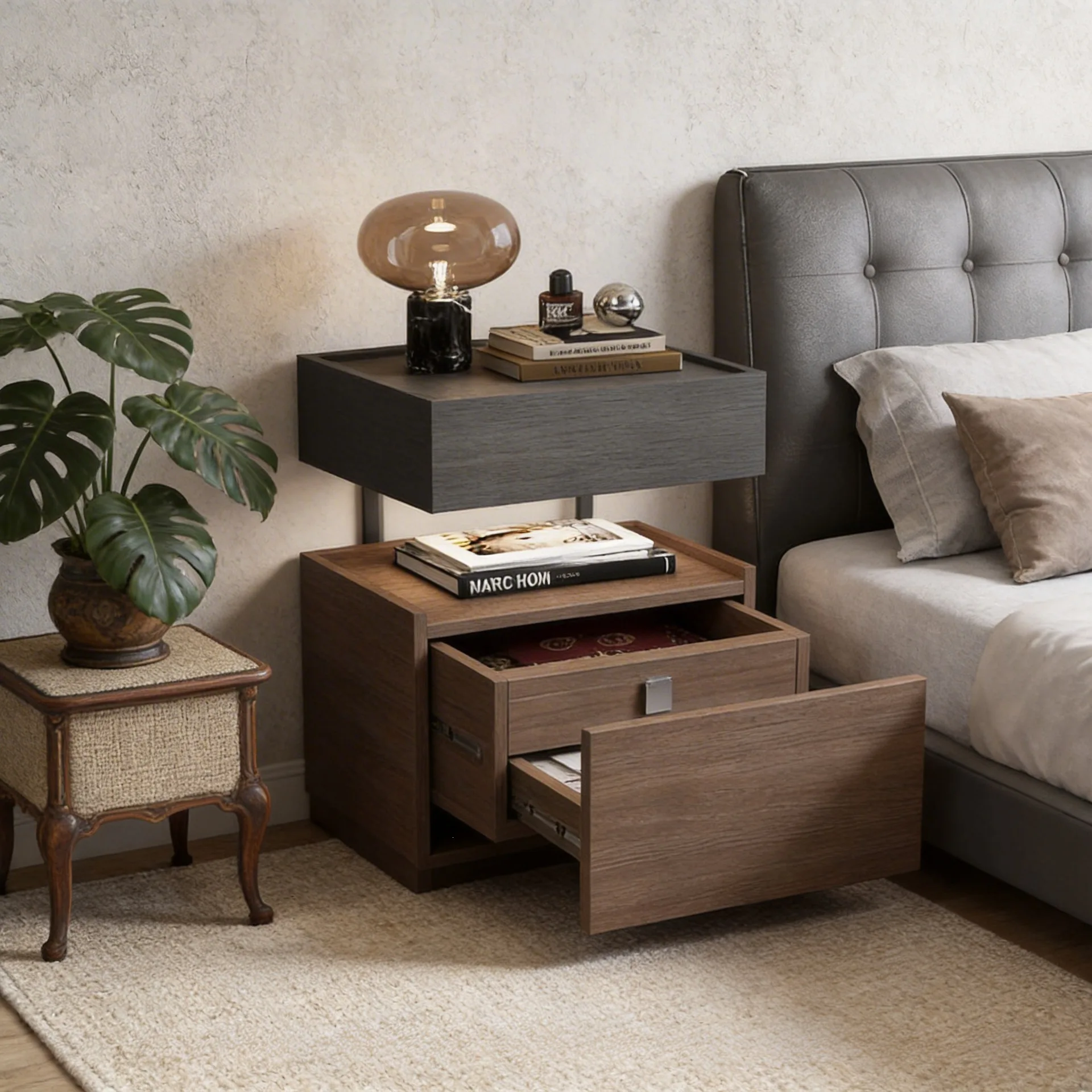 Italian solid wood, minimalist high-end, hidden floating storage, hidden compartment bedside cabinet