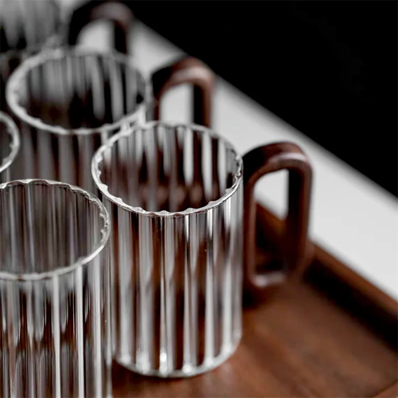 350ml Vertical Stripe High Borosilicate Glass Coffee Mug With Walnut Wooden Handle Heat-Resistant Tea Mug Milk Coffee Cup