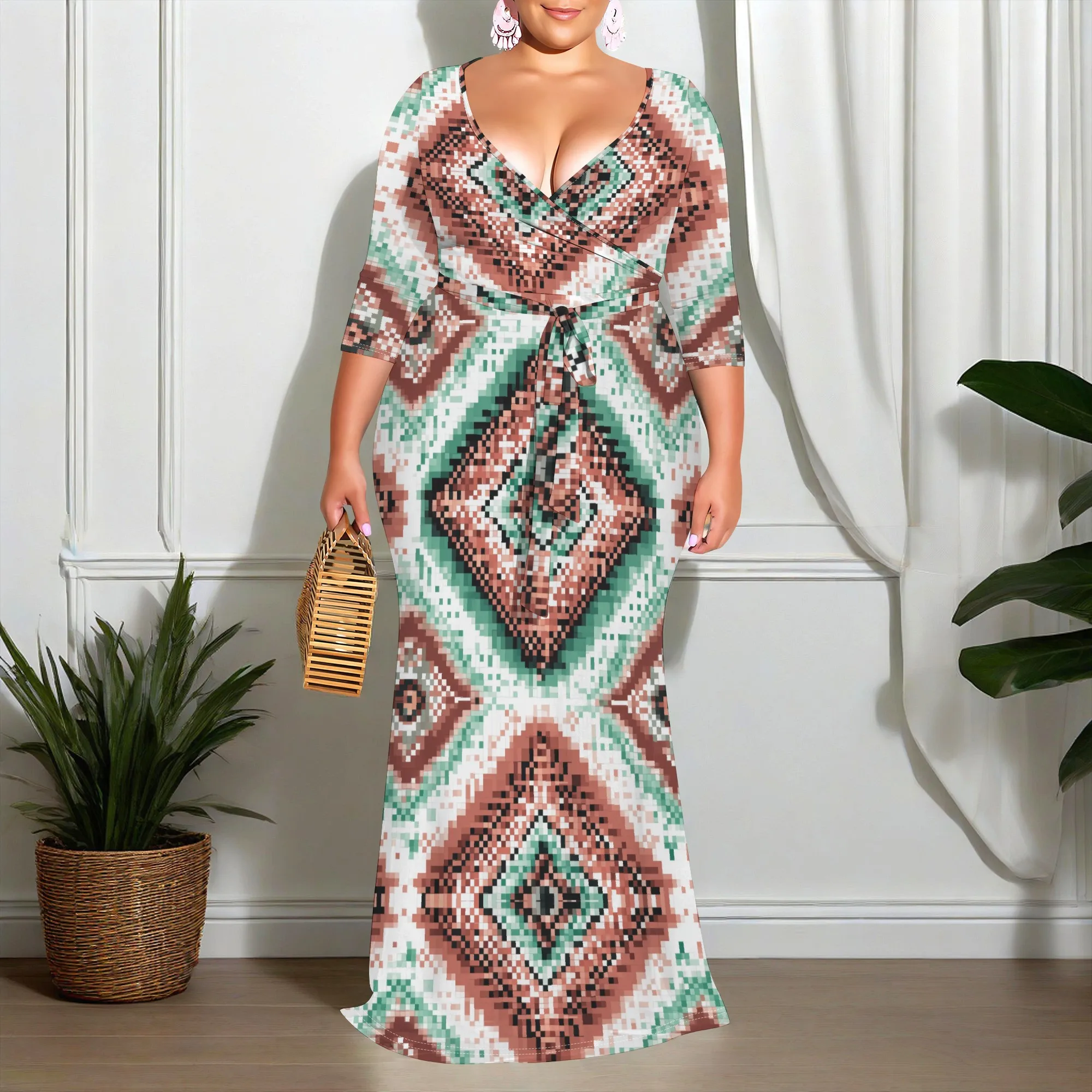 

Plus Size Women's Tribal Print Maxi Dress, V-Neck Three-Quarter Sleeve Wrap Dress with Belt, Boho Style Party Dress XL-6XL