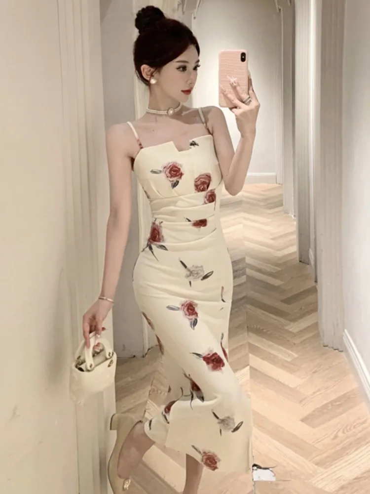 Topanoma Elegant Evening Dresses Women Flowers Printed Sleeveless Slash Neck Slim Backless Wedding Party Dress Cocktail Banquet