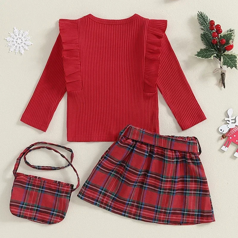 Girls Skirt Set Long Sleeve Ruffled Ribbed Tops Plaid Single-breasted Bow Short Skirt Crossbody Bag Outfits