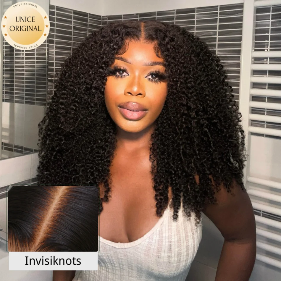 Unice Hair Bye Bye Knopen Pruik Kinky Curly Natural Black 7X5 Lace Front Pruik Voor Vrouwen Pre Geplukt Glueless Wear Go Pruiken