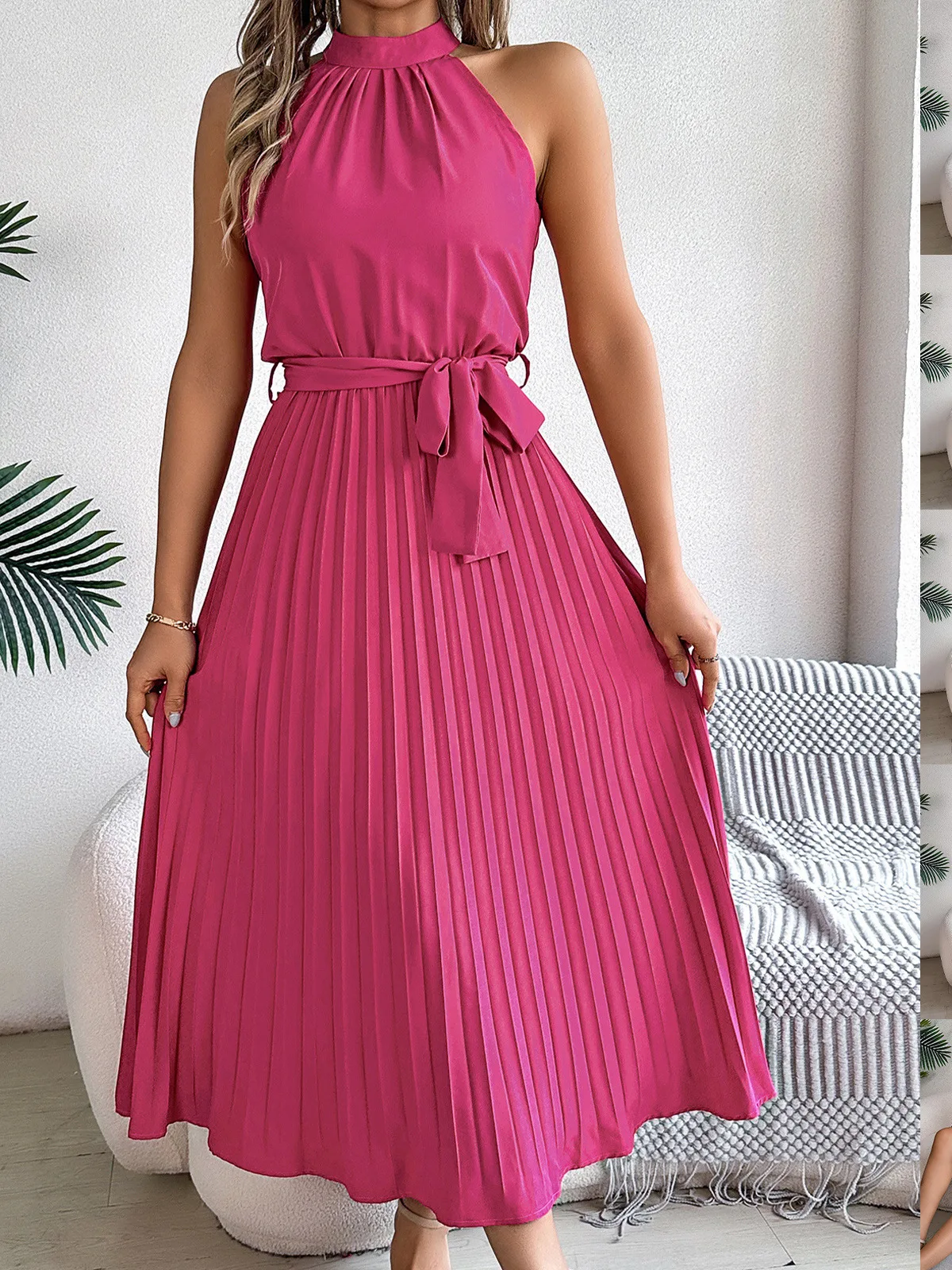 تنورة صيفية طويلة بدون أكمام مع ثنيات وخصر مطاطي، فستان طويل بتصميم A-line، أسلوب الشارع، قماش بوليستر ناعم، تنورة ميدي بخصر ...