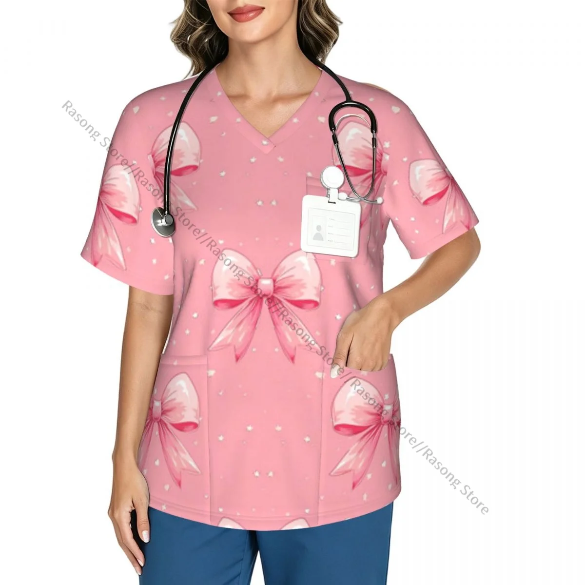 Women's Medical Scrub Top V Neck Short Sleeve Girly Pink Bow Stretch Nursing Uniform for Hospital Clinic