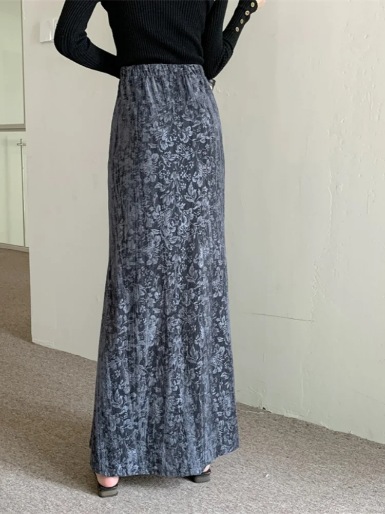 SMTHMA 2025 nouveau automne hiver 3D imprimé velours jupe pour les femmes taille haute minceur trompette sirène jupe longue