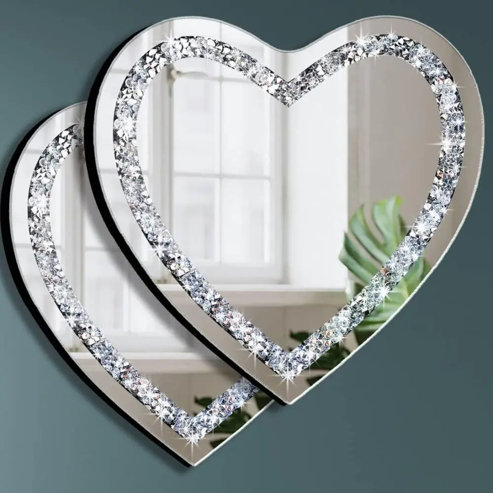

Pair of 12x12 Inch Heart-Shaped Silver Glass Mirrors, Crystal Crush Diamond Decor for Chain or Wall