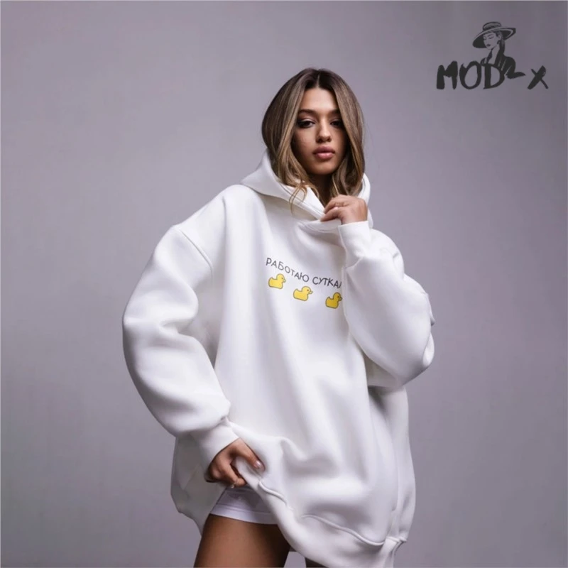 MODX Hoodie bertudung setengah panjang Eropa dan Amerika Serikat 2024 musim gugur/musim dingin wanita Hoodie bertudung kasual longgar motif tiga bebek