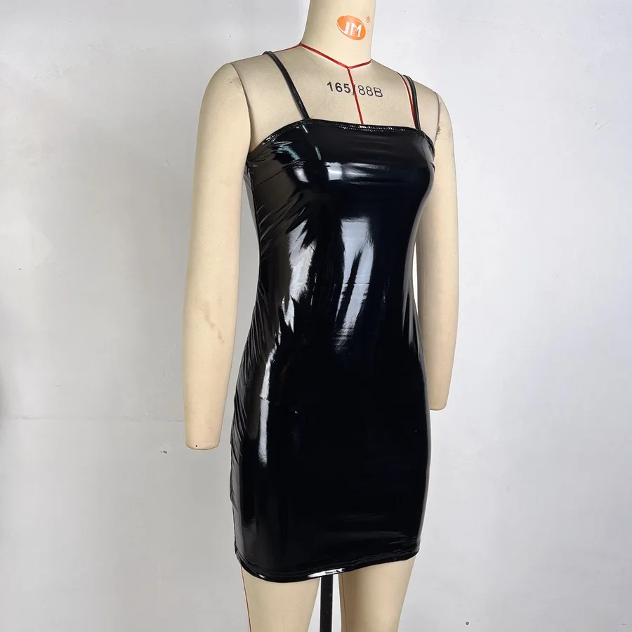 Vestido Corto De Látex Efecto Charol Para Mujer - Tirantes Finos, Plisado, Ideal Para Fiestas, Cóctel O Club Nocturno