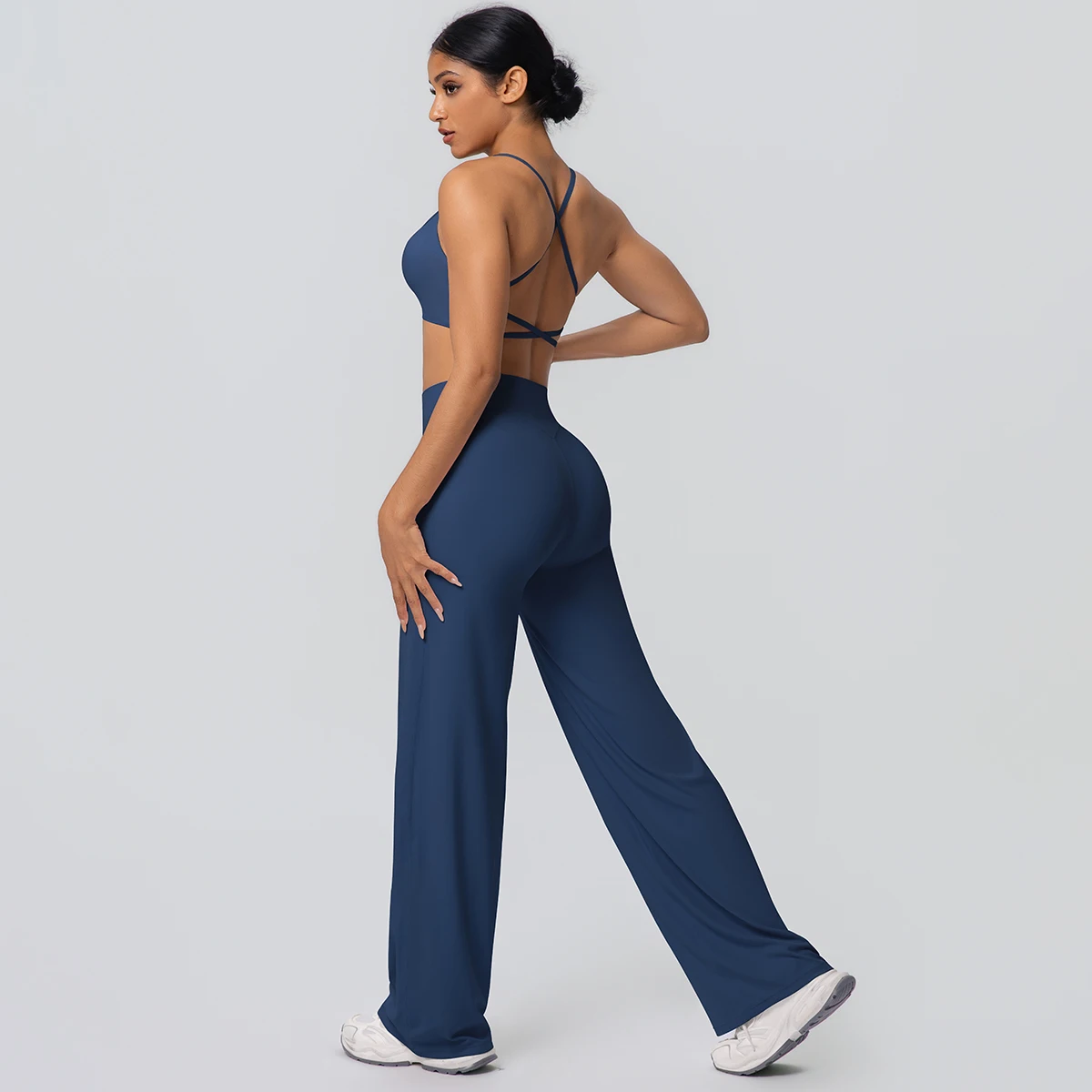 Frauen Gym Sport Yoga Anzug Sexy Schöne Zurück Yoga Unterwäsche Mit Brust Pad Einfarbig Hohe Taille Breite Bein Hosen Yoga Set – Detail 24