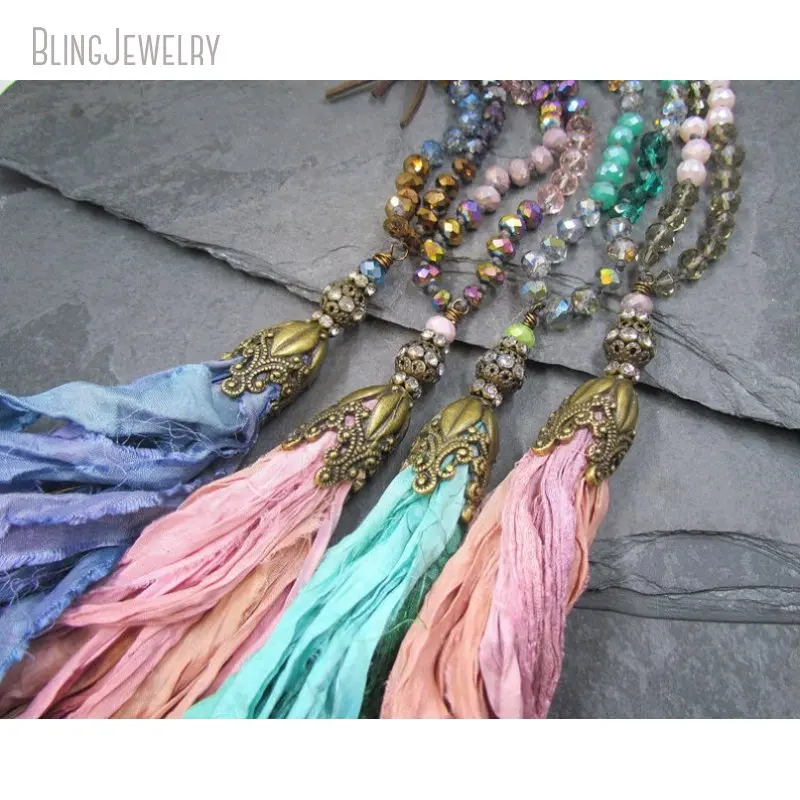 

NM18276 Romantic Shabby Boho Chic Holiday Fashion Gift Sari Silk Tassel Necklace Mix Color Brass Chain Jewelry For Women