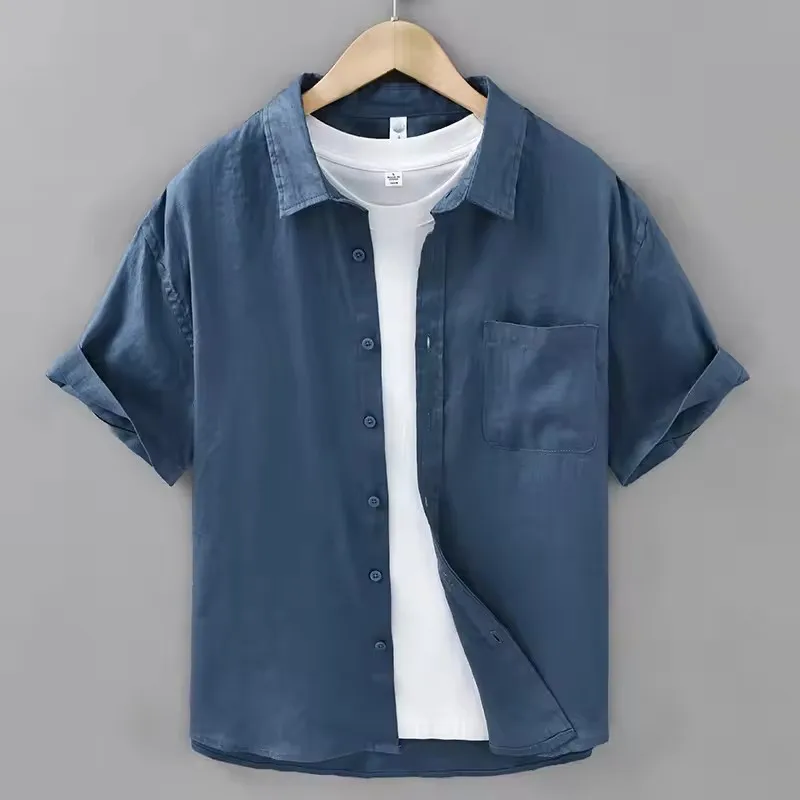 

2025 Summer New Breathable Thin 100% Linen Short Sleeve Shirt for Men Casual Turn-down Collar Classic Shirt