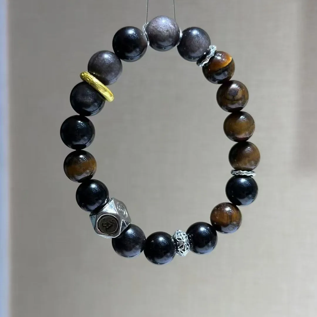 

Natural Yellow Tiger Eye Obsidian Bracelet, Six-character Mantra Men's Lucky Bracelet.
