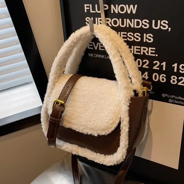 Miyagawa Japanese INS Cute Lamb Wool New Sweet Student Crossbody Girl Bag for Class Fashion Retro Causal Top-handle Bag