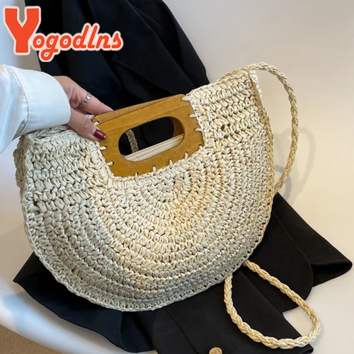 Imagen 2 del producto Bolso de paja minimalista para mujer, bolsos de playa de media luna de verano, bolsos con asa tejida hechos a mano de ratán, Bolsas