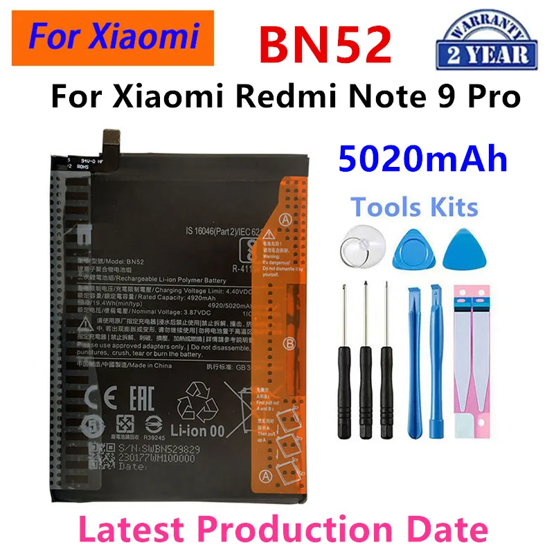 

2024 years Brand New BN52 5020mAh Battery For Xiaomi Redmi Note 9 Pro Phone Replacement Batteries+Tools