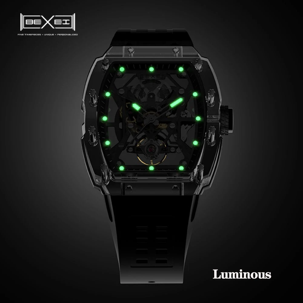 BEXEI 2025 ساعة شفافة للرجال ساعات يد ميكانيكية أوتوماتيكية ساعات هيكل عظمي مضيئة مقاومة للماء