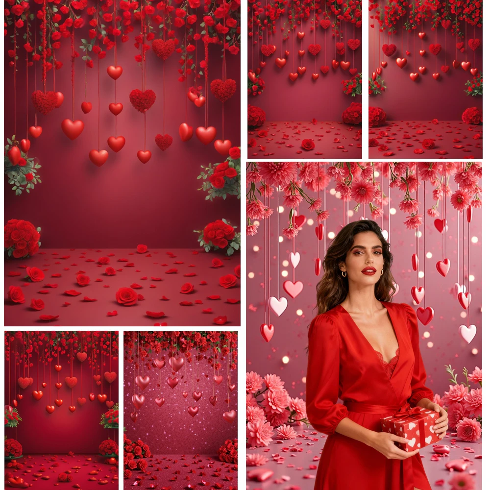 

MOON.QG Red Valentine's Day Photo Background Hanging Heart Floral Sparkling Backdrop Photography Accessories Lover Studio Poster