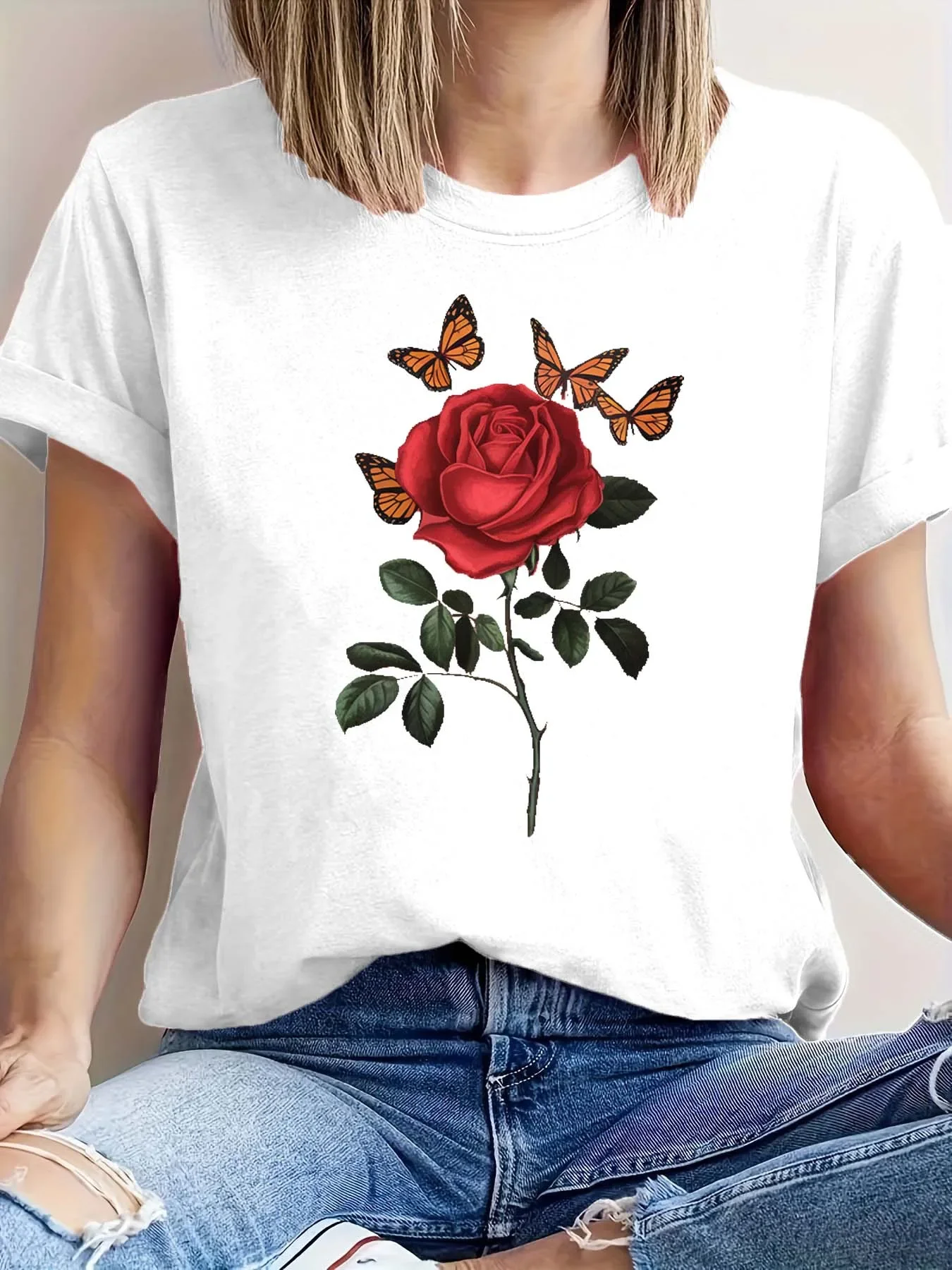 Camiseta Elegante De Modico Artístico De Rosas  Mariposas De Talla Grande Para Amantes Estilo Romántico Free Shipping