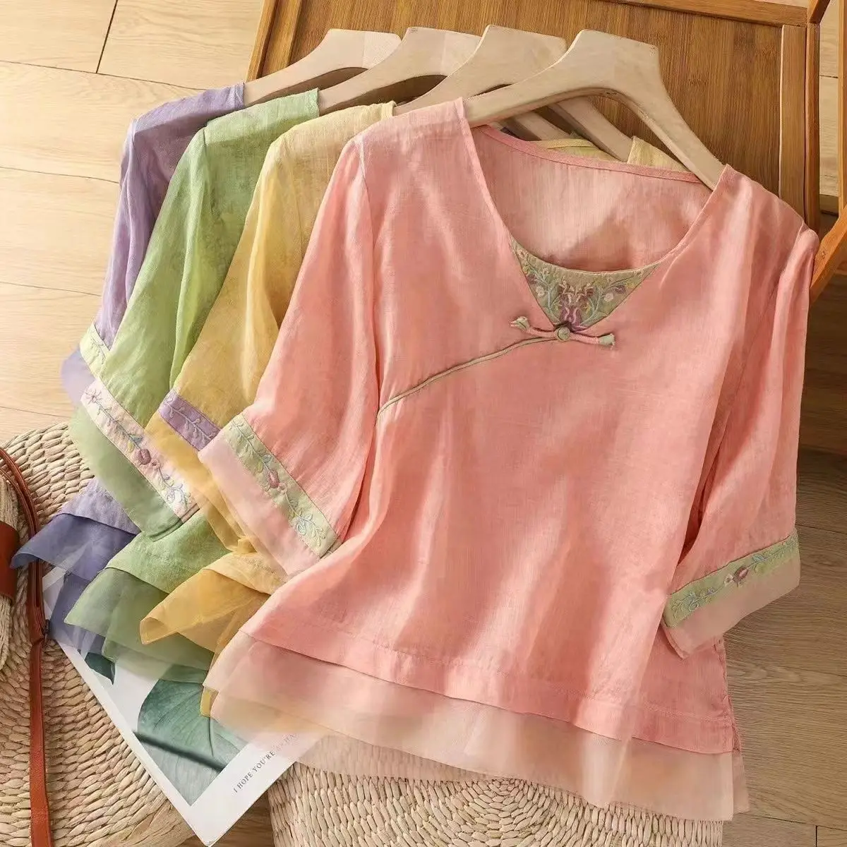 Original Vintage Chinese Style Cotton Linen Shirt Women Summer Ethnic Splice Embroidery Loose Pullover Top