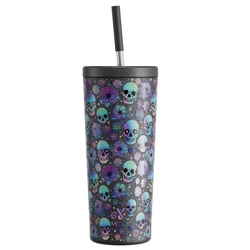 

Meoky 24oz Tumbler with Straw Halloween Insulated Portable Coffee Cup Stainless Steel Skulls Prints Leak-Proof Vacuum Car Mugs