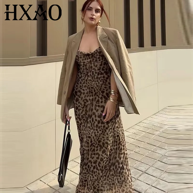 HXAO Leopard Print Long Dresses Sleeveless Slip Tulle Dress Woman Vintage Backless Party Dresses Summer Sexy Mesh Midi Dress