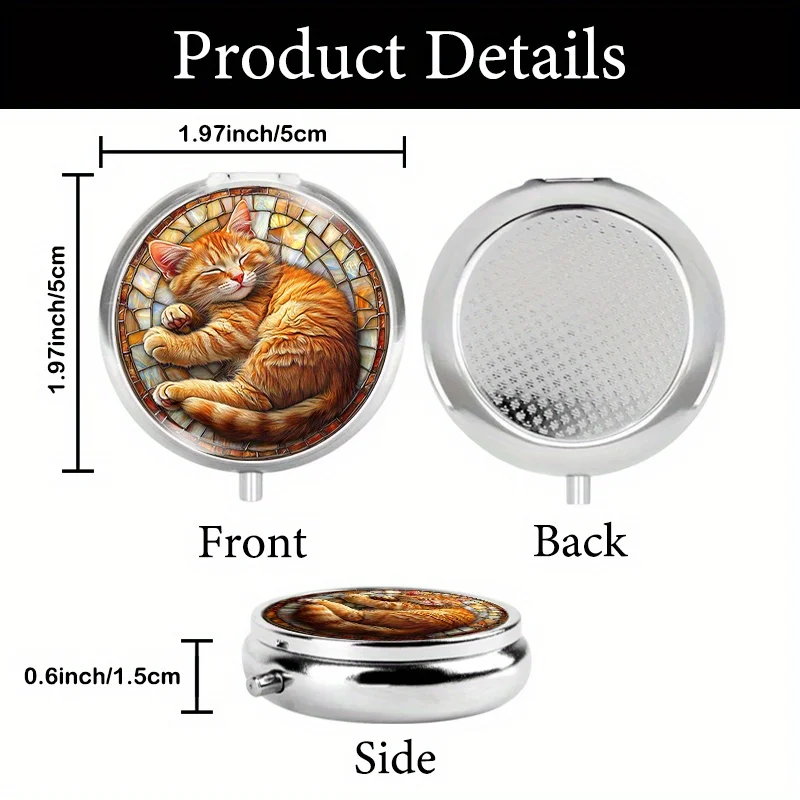 A round, portable, flat metal pill box, adorned with a pattern of an orange cat playing in colored glass, can be used to organize daily medication and health supplements. Very suitable for storing vitamins and other essentials. It is an ideal gift for Fat