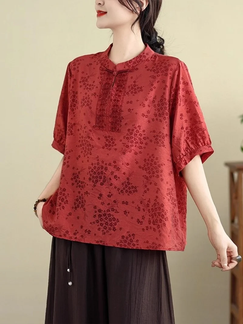 

Artistic Embroidery Ramie Shirt For Women Summer Loose Round Neck Five Quarter Sleeve Lightweight Linen Top w092