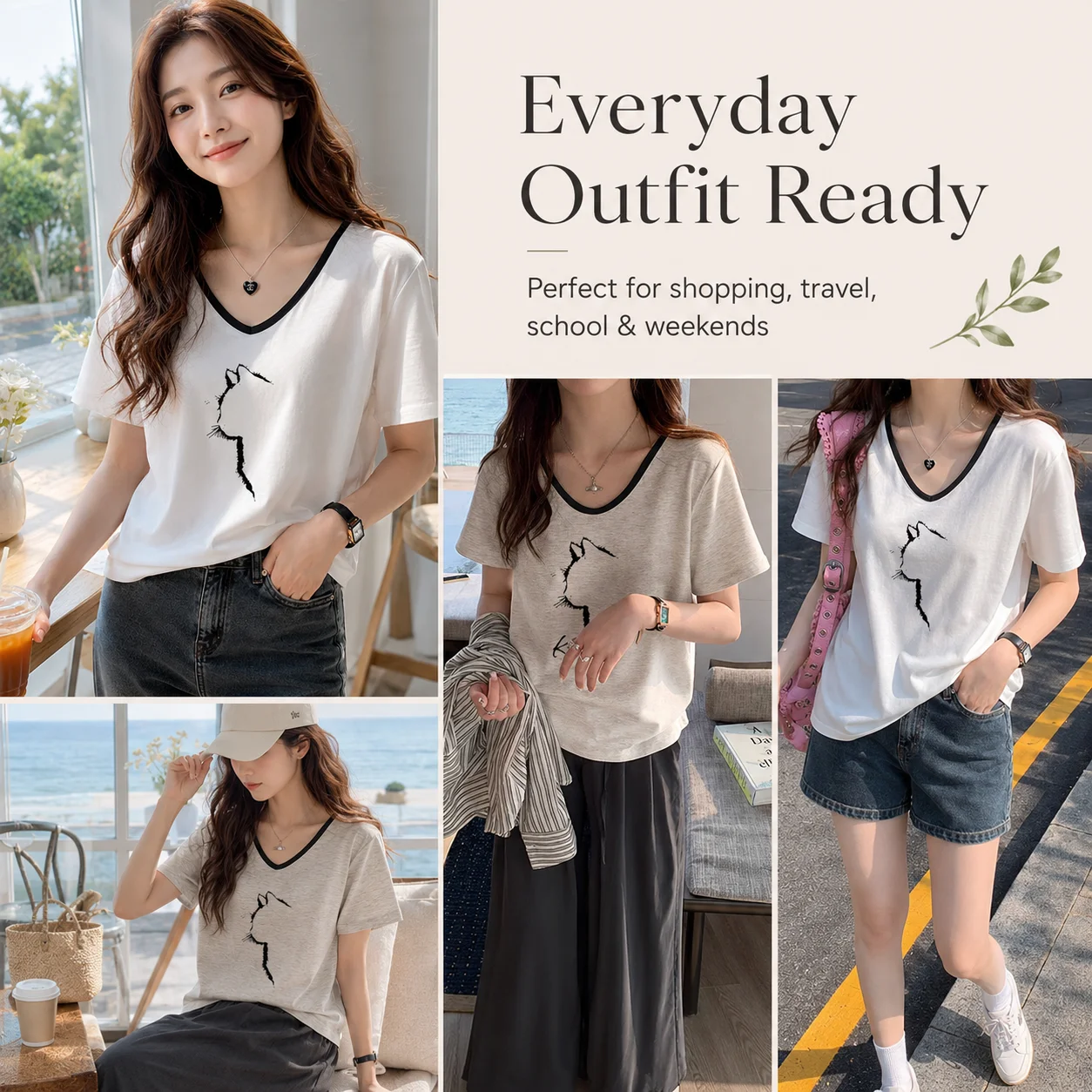 EOENKKY Women V Neck Cat Graphic T Shirt Cotton Blend Contrast Trim Short Sleeve Casual Summer Tee Korean Style Top S-2XL