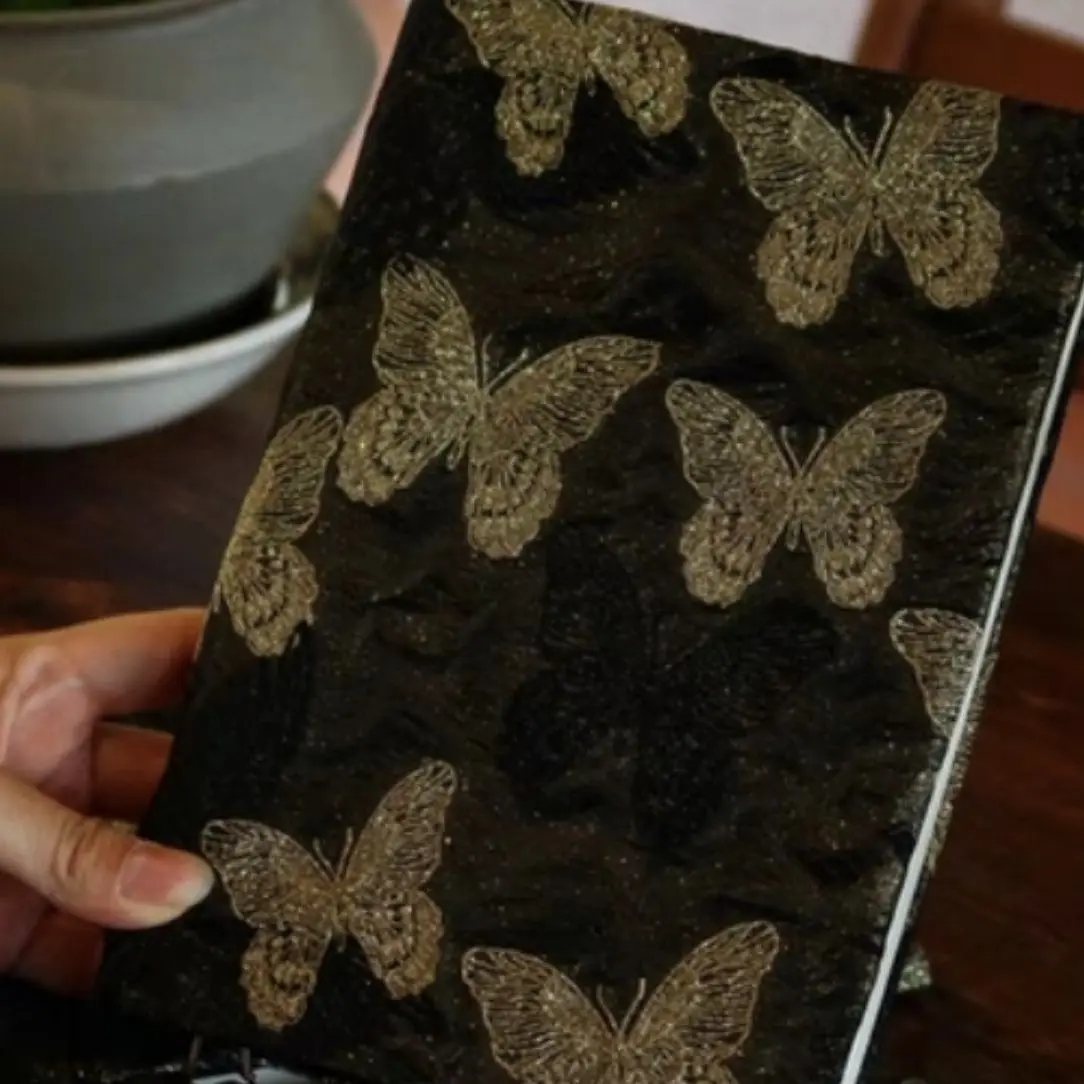 Golden Silk Butterfly Fabric Cover Loose-leaf Notebook High Aesthetic Literary Journal Portable Detachable Diary for Note Taking