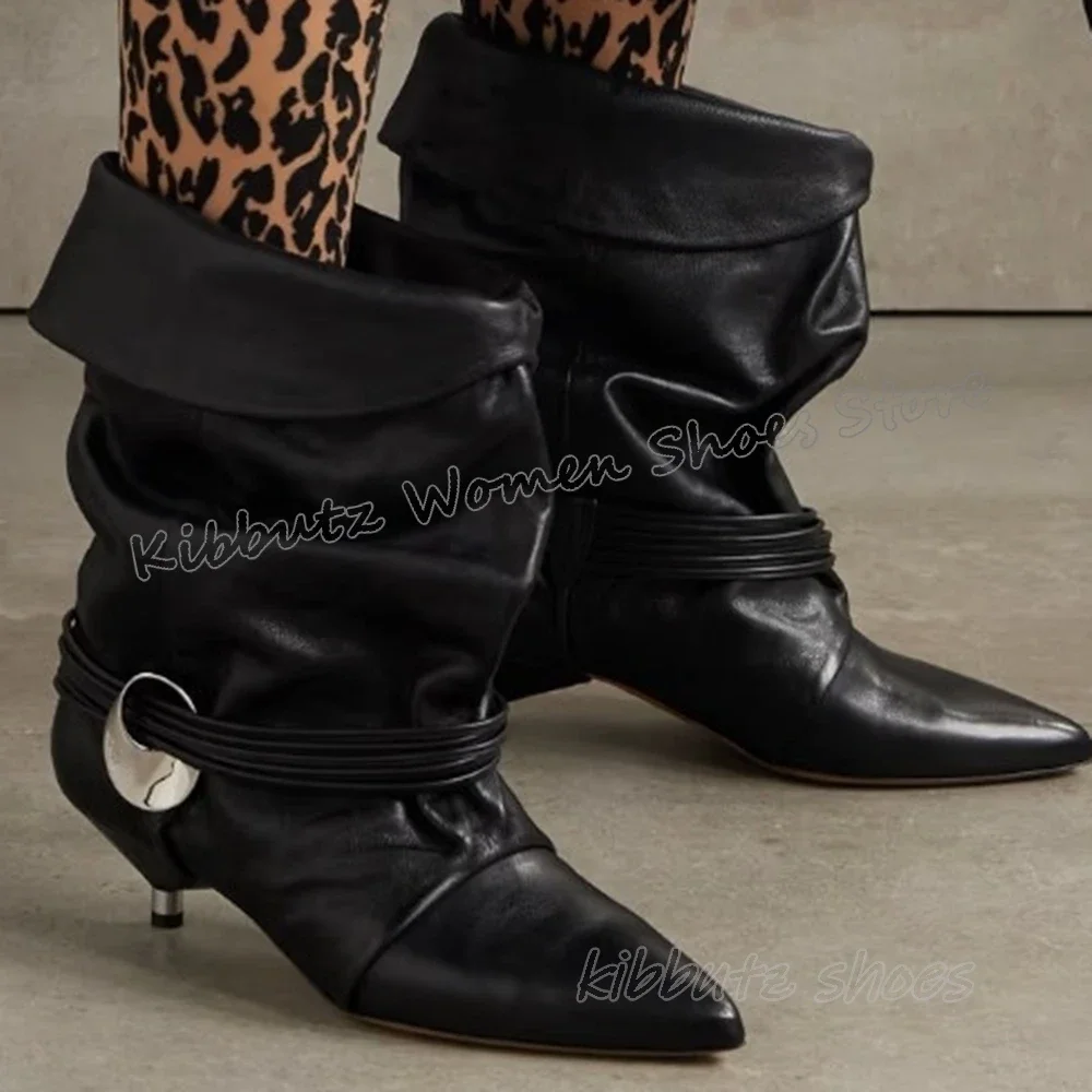 

Pleated Ankle Modern Boot Leather Slip-On Fashion Elegant Concise Luxury Sexy Party Dress Women Shoes New Pointed Toe Thin Heels