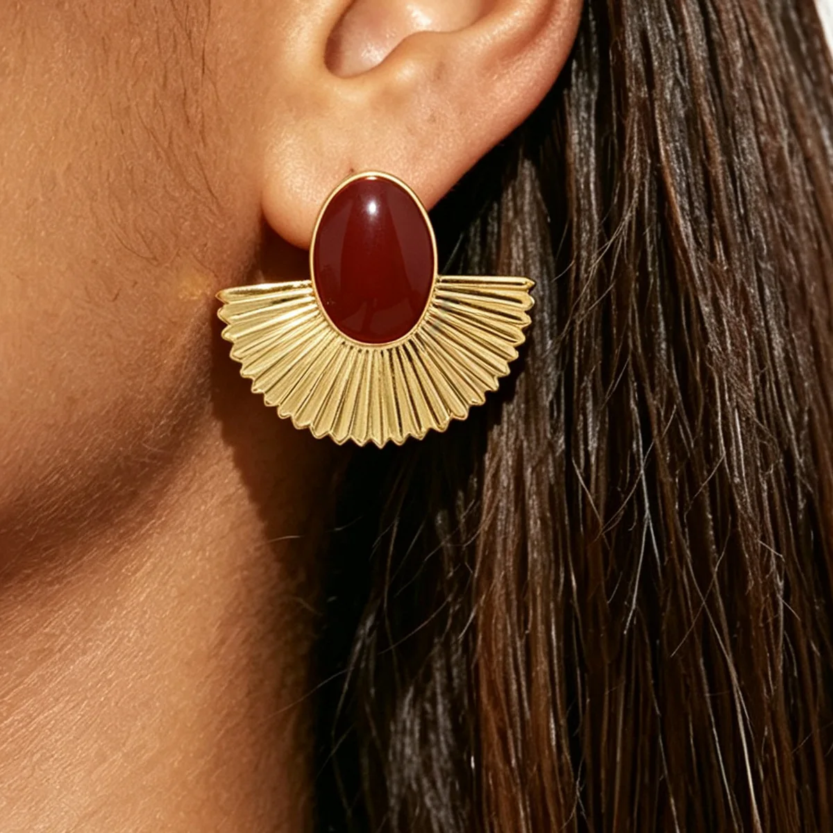Vintage Fan Shaped Dripping Oil Oval Stud Earrings for Women Sunburst Wing Design Bohemian Statement Earrings Party Jewelry